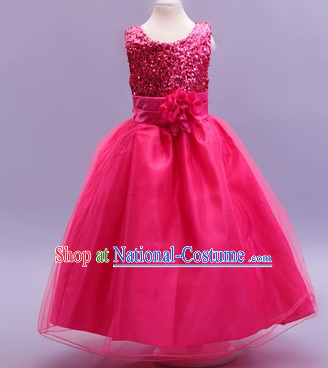 Children Modern Dance Rosy Sequins Dress Stage Performance Catwalks Compere Costume for Kids