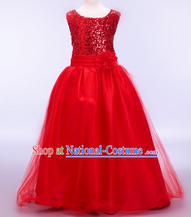 Children Modern Dance Red Sequins Dress Stage Performance Catwalks Compere Costume for Kids