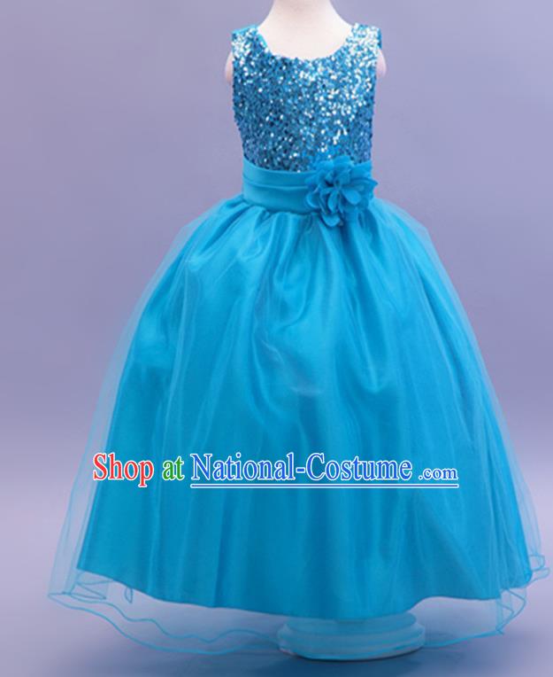 Children Modern Dance Blue Sequins Dress Stage Performance Catwalks Compere Costume for Kids