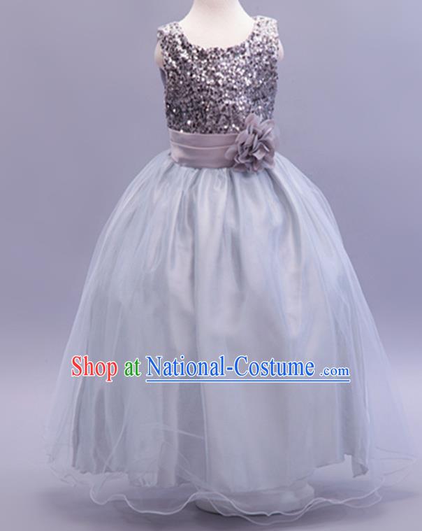 Children Modern Dance Grey Sequins Dress Stage Performance Catwalks Compere Costume for Kids