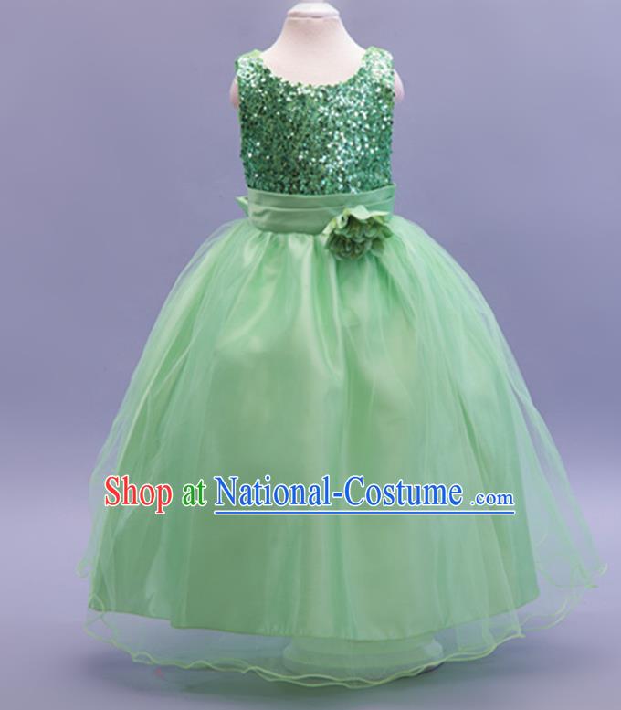 Children Modern Dance Green Sequins Dress Stage Performance Catwalks Compere Costume for Kids