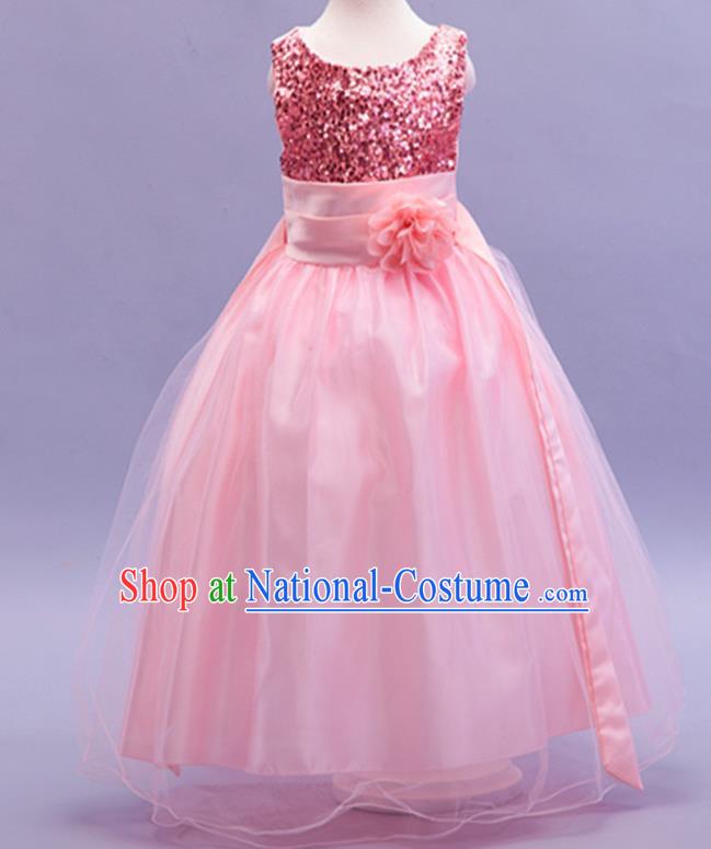 Children Modern Dance Pink Sequins Dress Stage Performance Catwalks Compere Costume for Kids