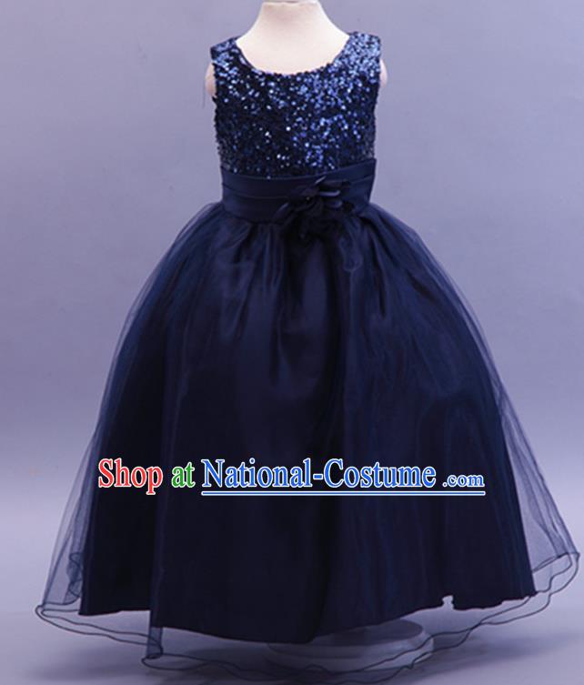 Children Modern Dance Navy Sequins Dress Stage Performance Catwalks Compere Costume for Kids