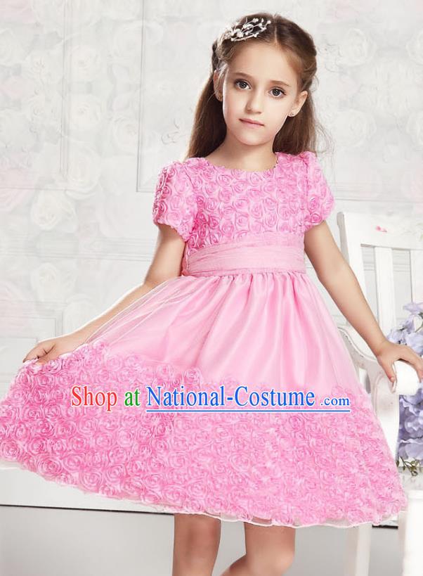 Children Modern Dance Pink Rose Dress Stage Performance Catwalks Compere Costume for Kids