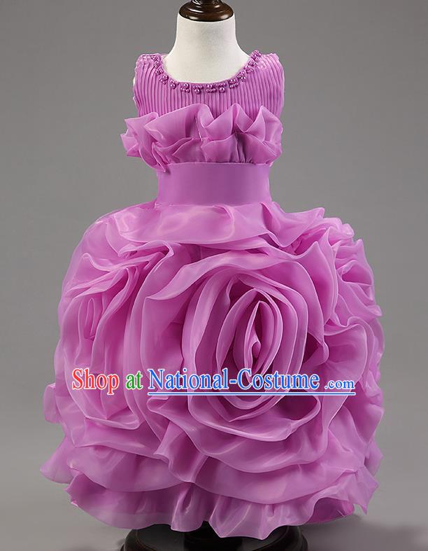 Children Modern Dance Princess Dress Stage Performance Catwalks Compere Purple Rose Costume for Kids