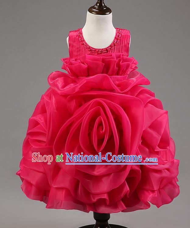 Children Modern Dance Princess Dress Stage Performance Catwalks Compere Rosy Rose Costume for Kids