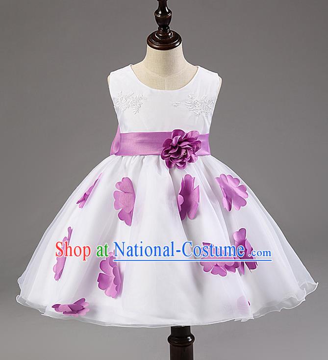 Children Modern Dance Compere Purple Flowers Full Dress Stage Performance Catwalks Costume for Kids