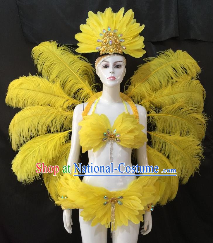 Top Grade Brazilian Carnival Samba Dance Costume Miami Catwalks Yellow Feather Swimsuit and Angel Wings for Women