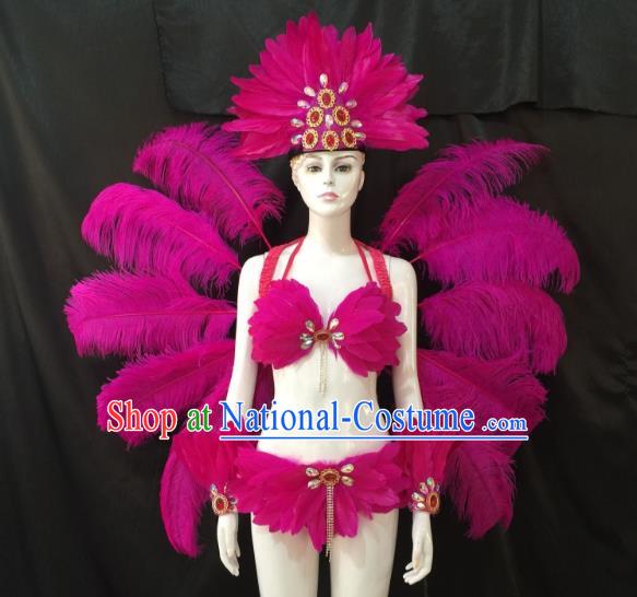 Top Grade Brazilian Carnival Samba Dance Costume Miami Catwalks Rosy Feather Swimsuit and Angel Wings for Women