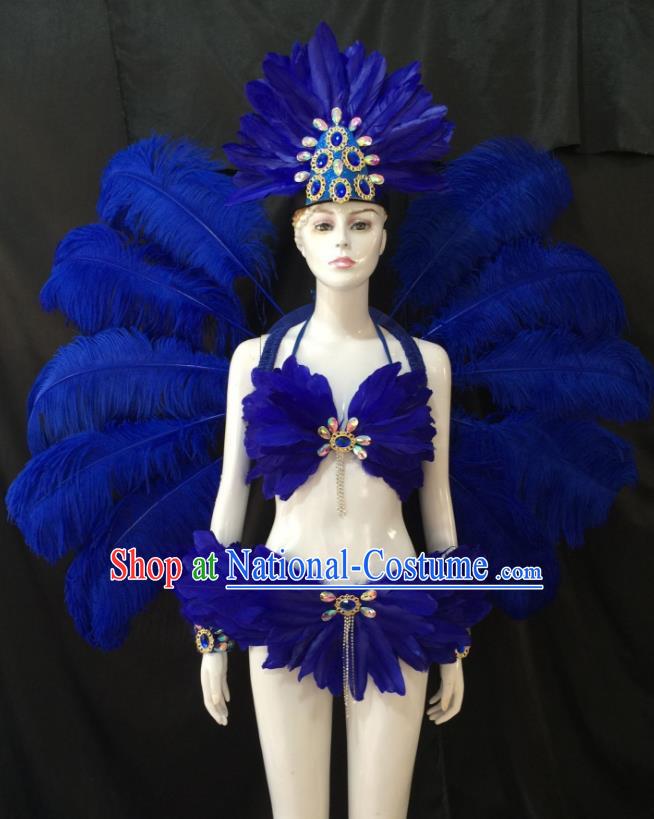 Top Grade Brazilian Carnival Samba Dance Costume Miami Catwalks Royalblue Feather Swimsuit and Angel Wings for Women