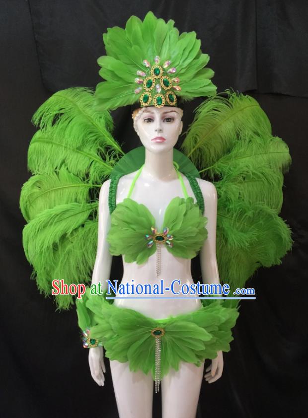 Top Grade Brazilian Carnival Samba Dance Costume Miami Catwalks Green Feather Swimsuit and Angel Wings for Women