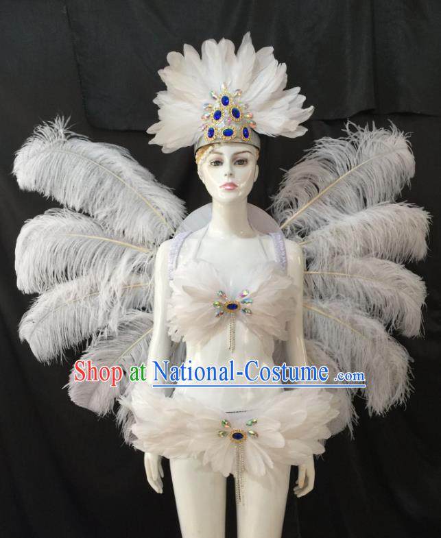 Top Grade Brazilian Carnival Samba Dance Costume Miami Catwalks White Feather Swimsuit and Angel Wings for Women