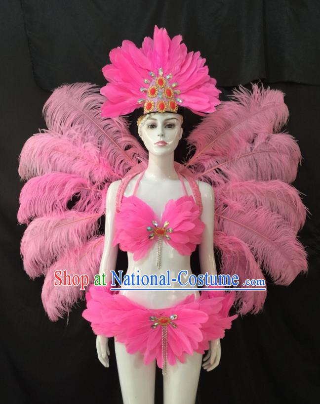 Top Grade Brazilian Carnival Samba Dance Costume Miami Catwalks Pink Feather Swimsuit and Angel Wings for Women