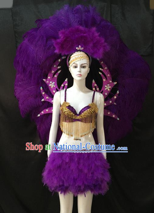 Top Grade Brazilian Carnival Samba Dance Costumes Halloween Miami Catwalks Purple Feather Swimsuit and Wings for Women