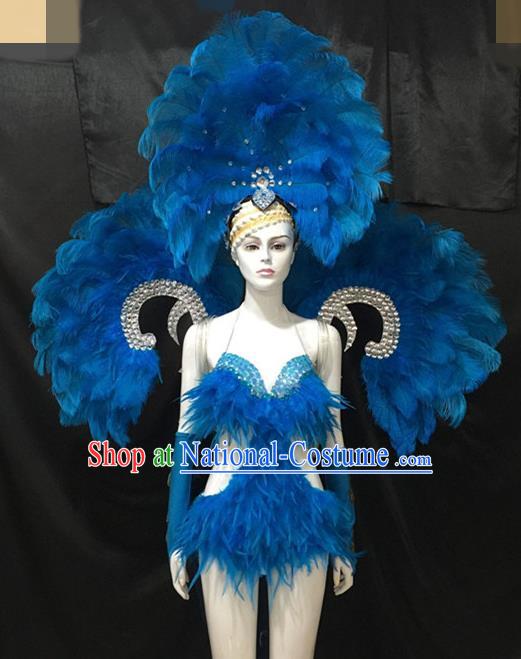 Top Grade Brazilian Carnival Samba Dance Costumes Halloween Miami Catwalks Blue Feather Swimsuit Headwear and Wings for Women