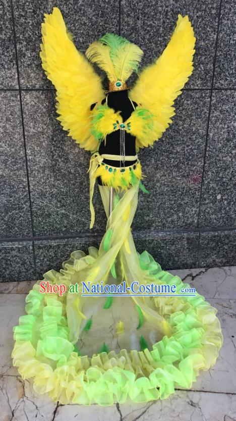 Top Grade Brazilian Carnival Costumes Halloween Catwalks Yellow Feather Swimsuit and Hair Accessories for Kids