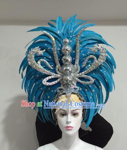 Brazilian Samba Dance Blue Feather Hair Accessories Rio Carnival Catwalks Deluxe Headwear for Women