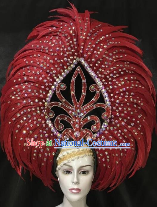 Brazilian Samba Dance Red Feather Hair Accessories Rio Carnival Catwalks Deluxe Headwear for Women