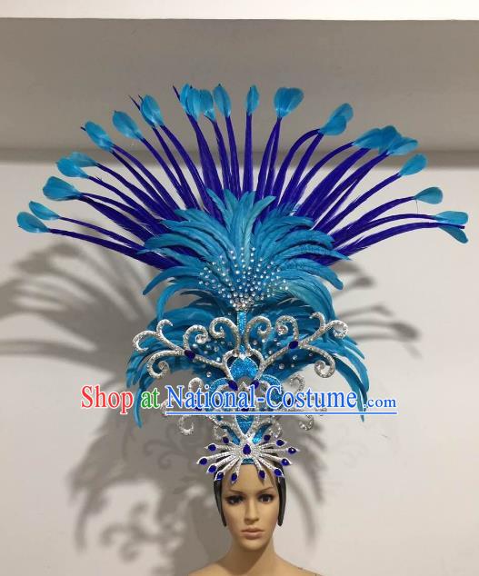 Brazilian Samba Dance Queen Hair Accessories Rio Carnival Roman Blue Feather Deluxe Headwear for Women