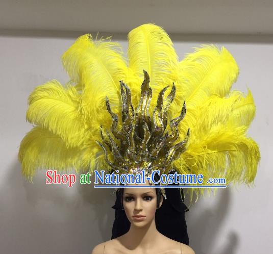 Brazilian Samba Dance Queen Hair Accessories Rio Carnival Yellow Feather Deluxe Headwear for Women