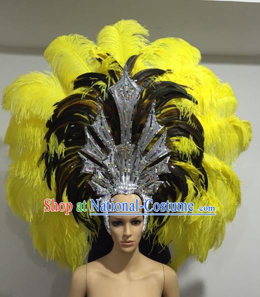 Brazilian Samba Dance Queen Hair Accessories Rio Carnival Yellow and Black Feather Deluxe Headwear for Women