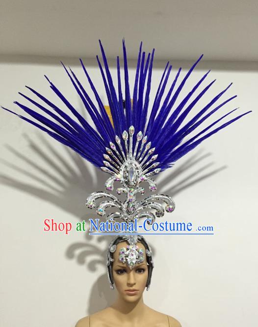 Brazilian Samba Dance Queen Hair Accessories Rio Carnival Blue Ostrich Feather Deluxe Headwear for Women