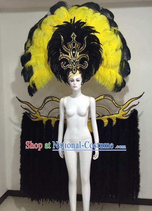 Brazilian Catwalks Samba Dance Props Rio Carnival Black and Yellow Feather Angel Wings and Headwear for Women