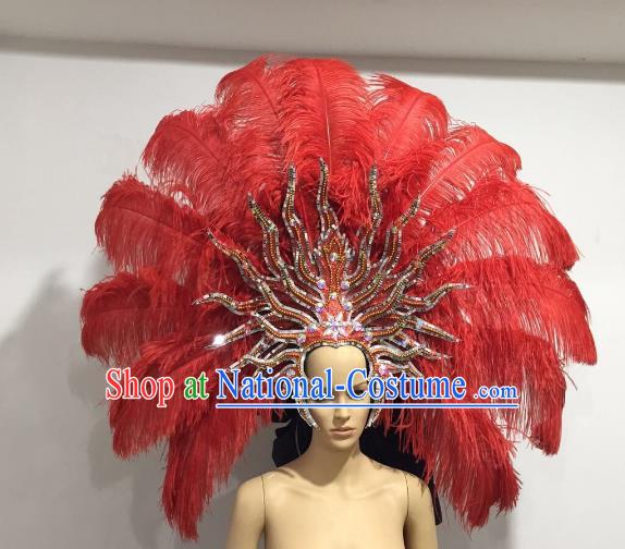 Brazilian Samba Dance Catwalks Hair Accessories Rio Carnival Red Ostrich Feather Deluxe Headwear for Women