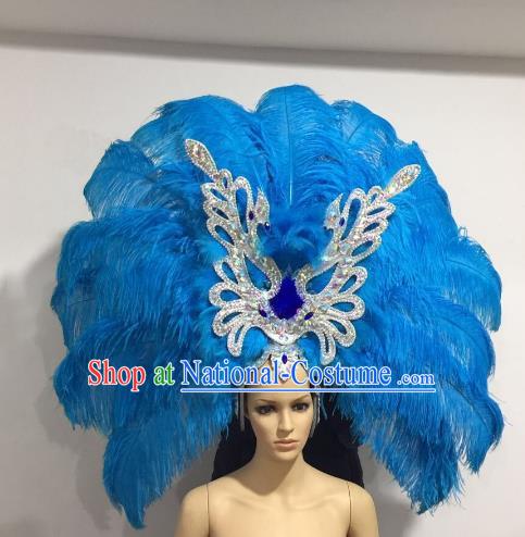 Brazilian Samba Dance Catwalks Hair Accessories Rio Carnival Blue Ostrich Feather Deluxe Headwear for Women