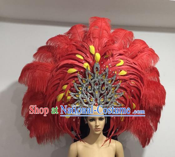 Brazilian Catwalks Hair Accessories Rio Carnival Samba Dance Red Ostrich Feather Deluxe Headwear for Women