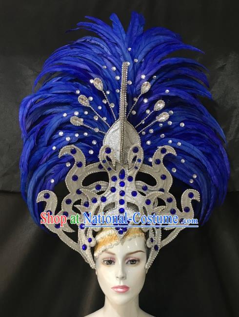 Brazilian Carnival Catwalks Hair Accessories Rio Samba Dance Blue Ostrich Feather Deluxe Headwear for Women