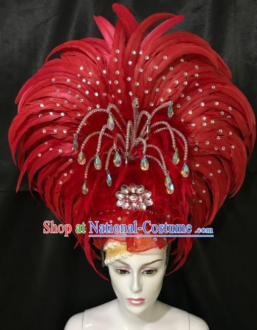 Brazilian Rio De Janeiro Carnival Red Feather Hair Accessories Samba Dance Catwalks Headdress for Women