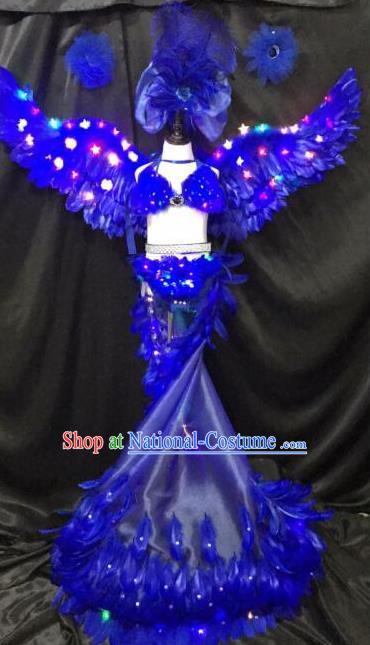 Brazilian Rio Carnival Samba Dance Costumes Halloween Catwalks Blue Feather LED Trailing Swimsuit and Headwear for Kids