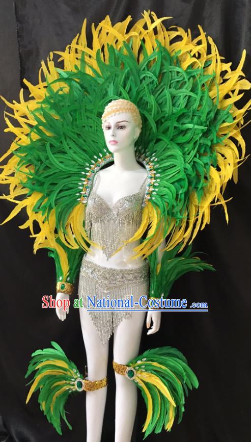 Brazilian Rio Carnival Samba Dance Green Feather Costumes Halloween Catwalks Deluxe Feather Swimsuit and Wings for Women