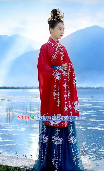 Ancient Chinese Empress Embroidered Costume Tang Dynasty Queen Wedding Hanfu Dress and Hair Jewelry for Rich Women