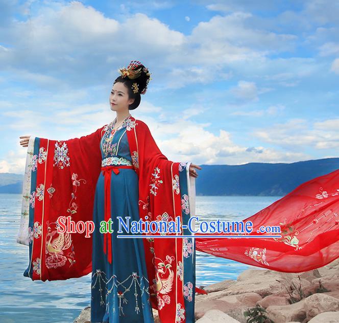 Chinese Ancient Bride Embroidered Costume Tang Dynasty Empress Wedding Hanfu Dress and Headpiece Jewelry for Palace Women