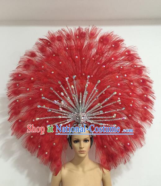 Brazilian Carnival Catwalks Red Feather Peacock Headdress Rio Samba Dance Deluxe Hair Accessories for Women