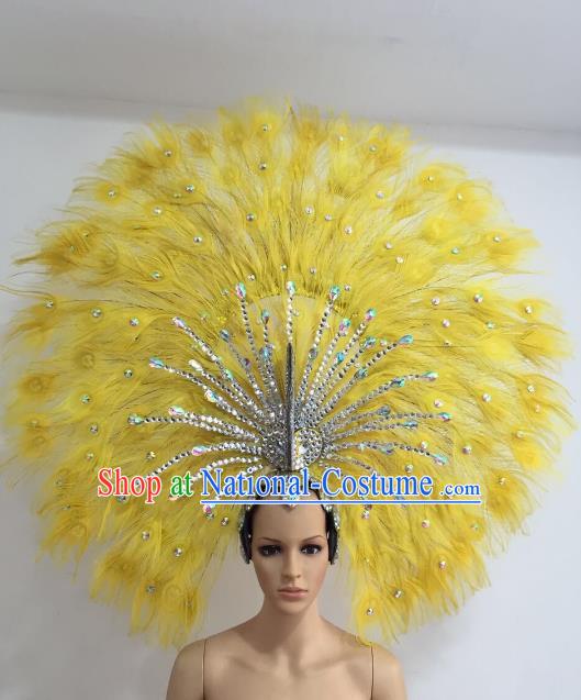 Brazilian Carnival Catwalks Yellow Feather Peacock Headdress Rio Samba Dance Deluxe Hair Accessories for Women