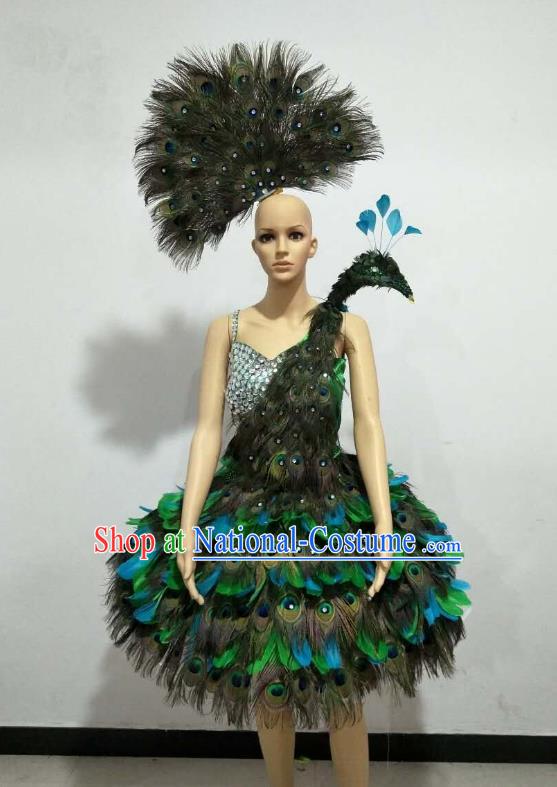 Brazilian Rio Carnival Samba Dance Costumes Catwalks Green Feather Peacock Dress for Women