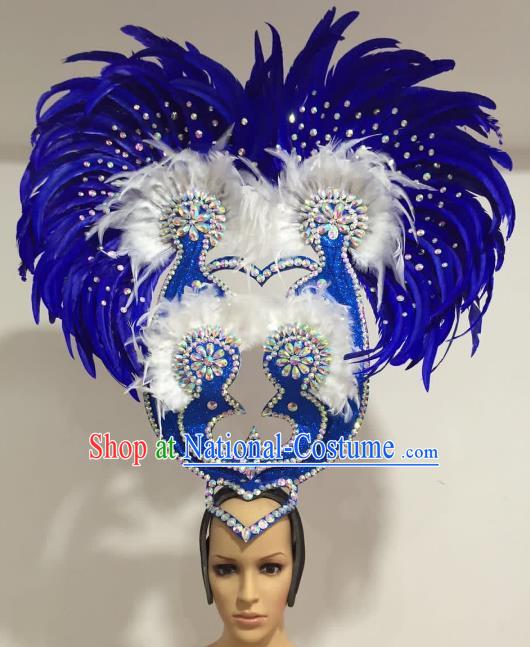 Brazilian Carnival Catwalks Royalblue Feather Peacock Headdress Rio Samba Dance Deluxe Hair Accessories for Women