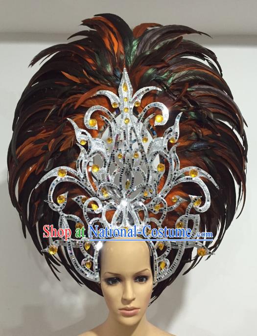 Brazilian Carnival Catwalks Black and Orange Feather Peacock Headdress Rio Samba Dance Deluxe Hair Accessories for Women