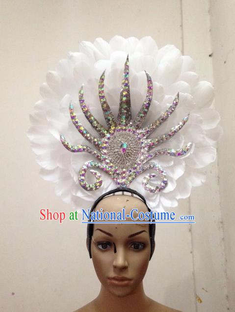 Handmade Samba Dance Hair Accessories Brazilian Rio Carnival White Feather Headdress for Women