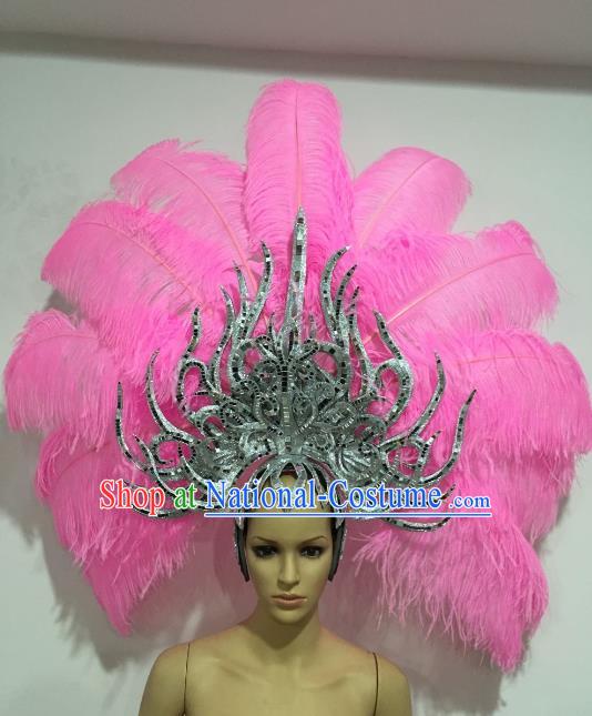 Brazilian Carnival Catwalks Pink Feather Headdress Rio Samba Dance Deluxe Hair Accessories for Women