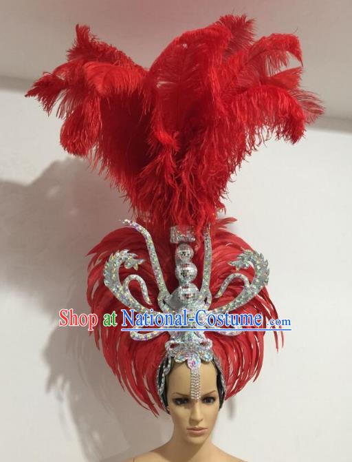 Brazilian Carnival Catwalks Red Feather Headdress Rio Samba Dance Deluxe Hair Accessories for Women