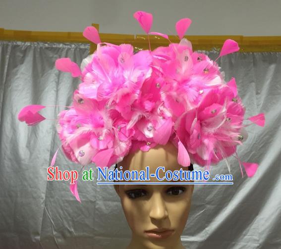 Brazilian Carnival Rio Samba Dance Pink Feather Headdress Miami Catwalks Hair Accessories for Men