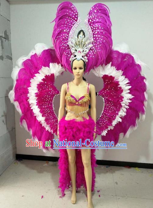 Brazilian Carnival Samba Dance Catwalks Costumes Rosy Feather Swimsuit and Wings for Women