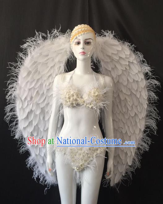 Brazilian Carnival Samba Dance Catwalks Costumes White Feather Swimsuit and Wings for Women