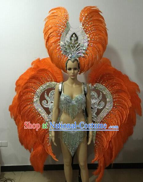 Custom-made Catwalks Props Brazilian Rio Carnival Samba Dance Orange Feather Wings and Headdress for Women