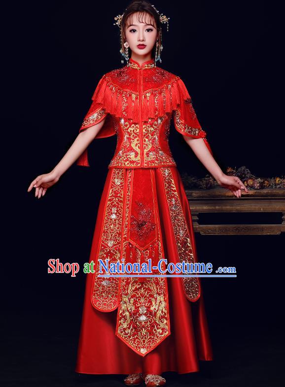 Traditional Chinese Bridal Costumes Ancient Bride Red Embroidered Longfeng Flown Wedding Diamante XiuHe Suit for Women