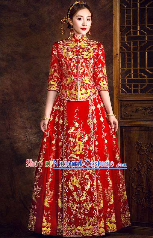 Traditional Chinese Female Wedding Costumes Ancient Embroidered Dragon Phoenix Full Dress Red XiuHe Suit for Bride